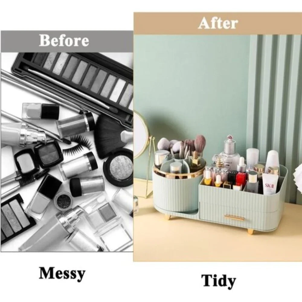 New Green 360° Rotating Makeup Organizer with Drawer & Brush Holder for Vanity